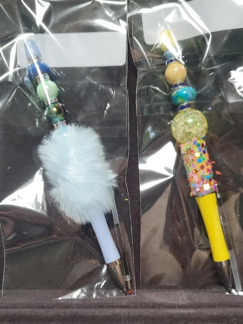 Fluffy Pink Heart & Peach Blue Fluff Beaded Pen READONABLE OFFERS ACCEPTED